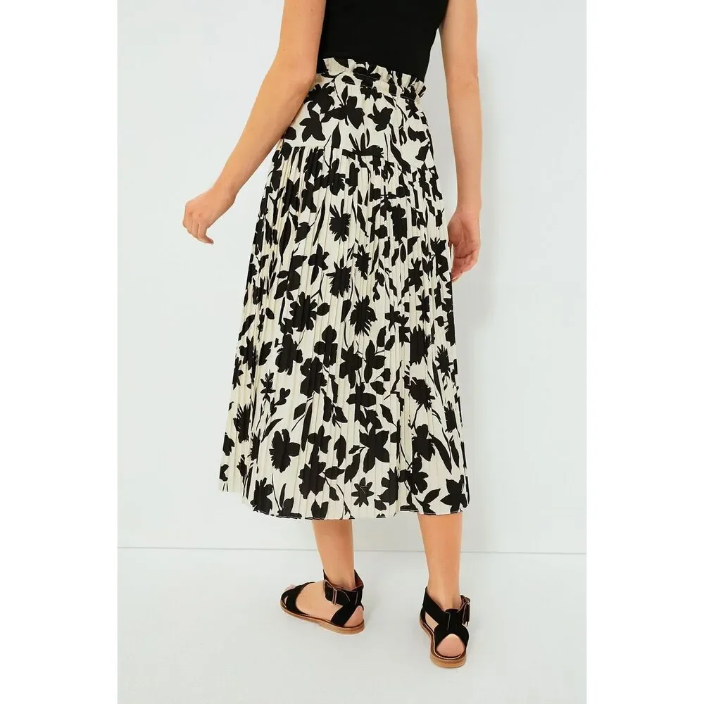 Moon River Floral Print A-line Full Midi Skirt Ivory, Black Size L